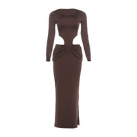 Solid-color Hollow-out Sexy Side-slit Long-sleeve Dress