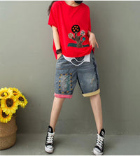 Women's Summer Ethnic Style Embroidered Denim Five-point Pants