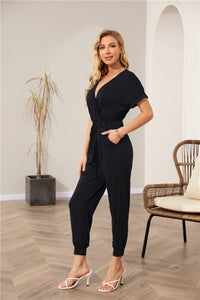 Cross V-Neck Short Sleeve Tie Pocket Casual Jumpsuit