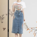 High Waist Slit Denim Skirt Women's Mid-length