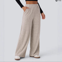New Loose Rib-Knit High-Waist Pocket Wide-Leg Casual Pants