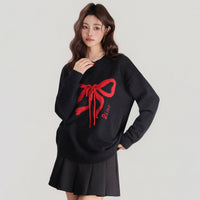 Women's Contrast Bow Round Neck Knitted Thick Long Sleeve Sweater