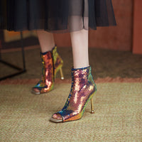 Fashion Sequined Fish Mouth Zipper Stiletto High Heels Women's Cool Boots