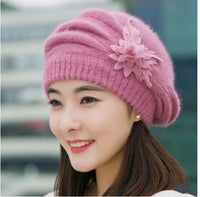 Women's Korean Style Flower Rabbit Fur Hat Thickened Warm Knitted
