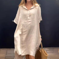 New Solid-color Casual Cotton-linen Long Dress With A Turn-down Collar And Buttons