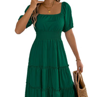Solid-color Square-neck Short-sleeve Ruffled-edge Dress Womens Clothing