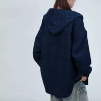 Spring New Men And Women Blue Plaid Hooded Long-sleeved Shirt