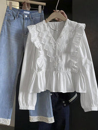 Womens Casual Solid-Color Lace-Patchwork Ruffle-Trim Long-Sleeve Top