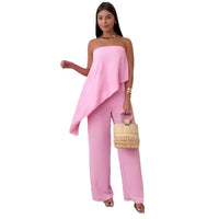 Womens Elegant Sexy Casual Loose Tube Top And Ice Silk Pleated Solid Color Straight Pants Set
