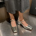 Women's Silver Low Top Chunky Heel Mary Jane Shoes
