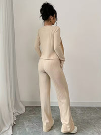 Casual Chic Ribbed Long Sleeve Wide Leg Pants Set