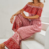 Red Print Panel Casual Long Ladies Jumpsuit