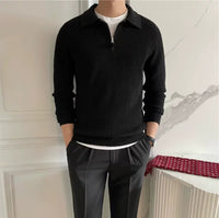 Turn-down Collar Knitted Polo Sweater With Thermal Ribbed Design