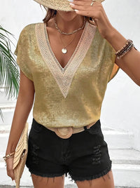 Lace-trimmed Short-sleeve Womens Casual Loose V-neck T-shirt