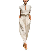 Chinese-style Satin Short-sleeve T-shirt And Pants Set For Women