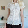 French Style Polo Collar Pleated Design Slim Fit Short Sleeve White Shirt