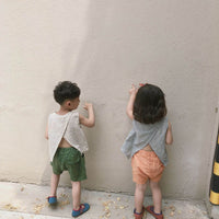 Korean Style Summer Children's Cotton And Linen Sleeveless Back Slit Vertical Stripe Vest