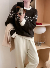 Korean Style Round Neck Jacquard Color Matching Niche Design Sweater