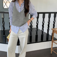 Womens Solid-Color Versatile V-Neck Knitted Vest