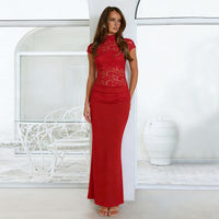 Slim-fit Fashionable Lace High-neck Split-back Sheath Dress