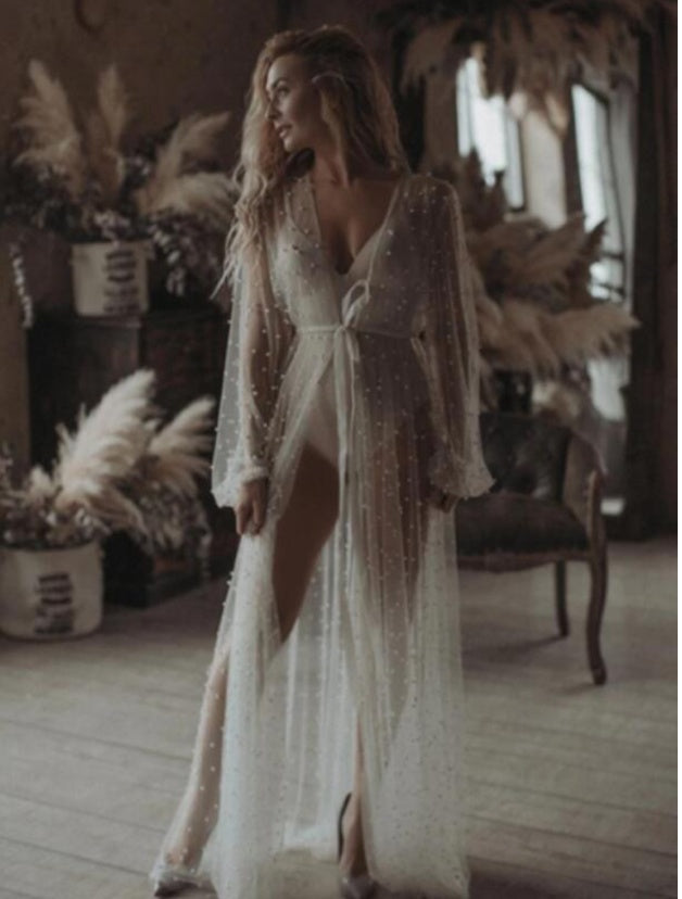 Pearl Mesh Pajamas Lace Dress  Lingerie See-through Cape