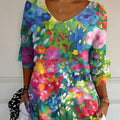 Floral 3d Printed Women's V-neck T-shirt Printed Round Neck Short Sleeve