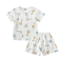 Cotton And Linen Short Sleeve Shorts Suit Round Neck Cartoon Printing