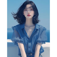 French Style Temperament Blue Puff Sleeve Chiffon Small Shirt