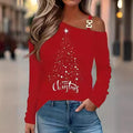 Casual Christmas Printed Long Sleeve Off-the-shoulder T-shirt