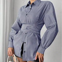 Womens Fashion Irregular-Waist Belt Long-Sleeve Shirt