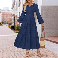 V-neck, Waist-cinched, Layered Puffed-sleeve Dress Fashionable Ruffled Maxi Skirt
