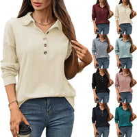 Solid Color Polo Collar Button Loose Long Sleeve Sweatershirt