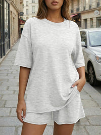 Round-neck Casual Loose-fitting Short-sleeve Shorts Womens Set