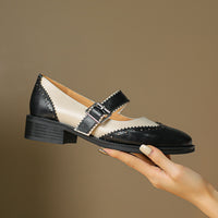 Square Head Female Color-blocking Leather Shoes Middle Documentary