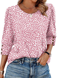 Women's Printed Elegant 34 Sleeves Round Neck T-shirt With Buttons