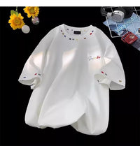 Retro High-Street Embroidered Loose-Fit Half-Sleeve Top