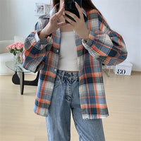 Loose-fitting Korean-style Plaid Shirt For Women