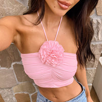 Women's Fashion Lace-up Halter Three-dimensional Flower Pleated Navel Vest