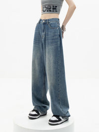 Women's Fashionable Loose High Waist Straight Wide Leg Jeans
