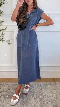 Womens Summer Rib-Knit Henry-Neck Short-Sleeve Extra-Long Slit Dress