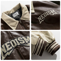 American-style Retro Street Letters Embroidered PU Leather Cotton Jacket For Men