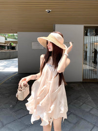 French-style Satin Slip Dress With An Asymmetrical Sweet Ruffled Hem