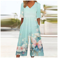 Summer Elegant V-Neck Jumpsuit With Three-Quarter Sleeves And Wide Legs