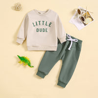 Children's Round Neck Letter Print Top Solid Color Trousers Two-piece Set