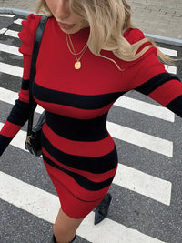 Casual Waist-Cinched Slim-Fit Two-Tone Striped Contrast-Color Sweater Dress For Women