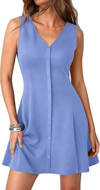 Womens Casual Sleeveless V-Neck Tank A-Line Dress