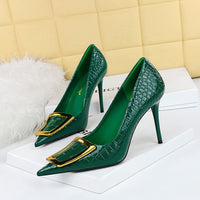 Slimming High-Heel Shallow-Toe Pointed-Toe Womens Shoes With Metal Buckle