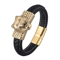 European And American-style Stainless Steel Braided Retro Animal Wolf Head Leather Bracelet