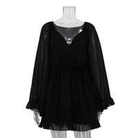 Simple And Sweet Solid-color Chiffon Round-neckline Cinched-waist Lace-panel Long-sleeve Short Dress