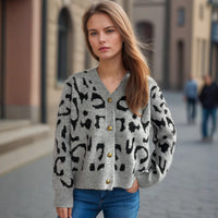 Women's Leopard Print Short Sweater V-neck Casual Knitted Cardigan Top